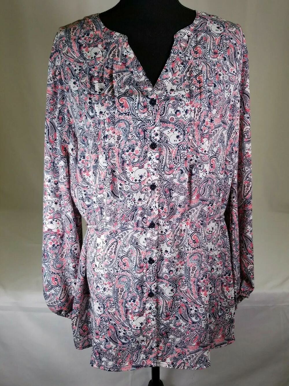 Terra & Sky Womens Shirt 1X 16w-18W Pink Blue Paisley Tie Back Roll Sleeves
